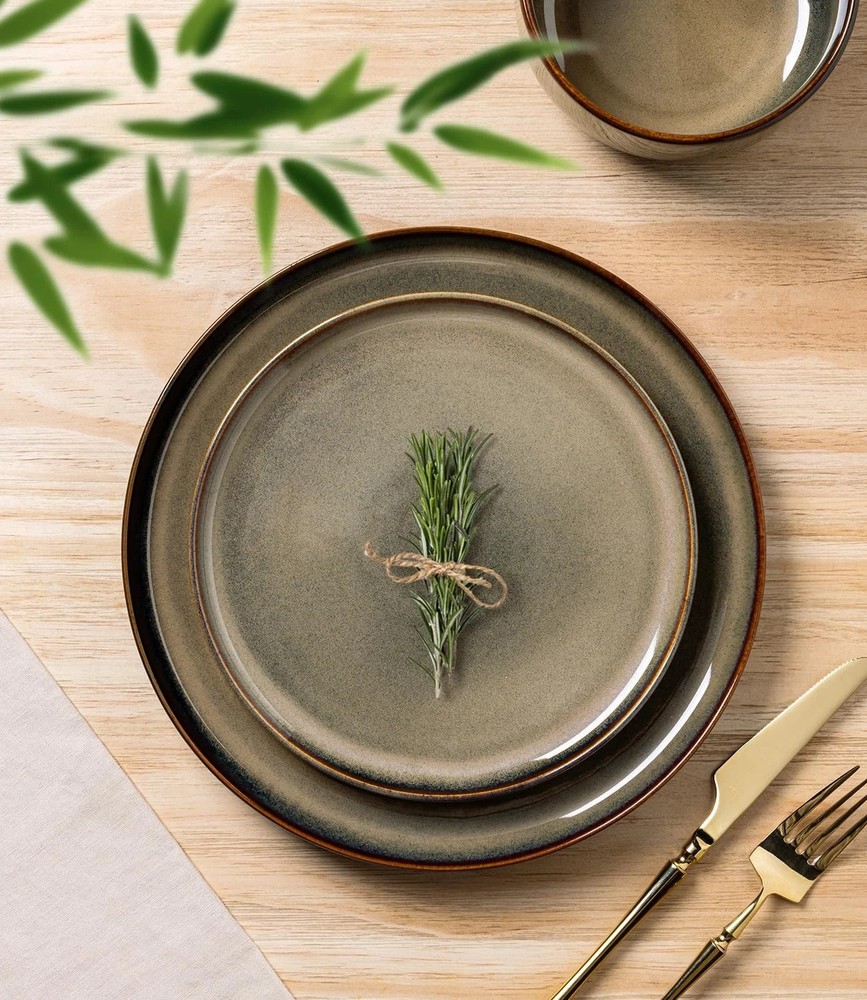 Ceramic Dinnerware Sets for 4, 12 Pieces Handmade Reactive Glaze Plates and B...