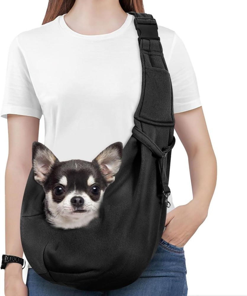 Reversible Small Dog Sling Carrier with Adjustable Strap, Black