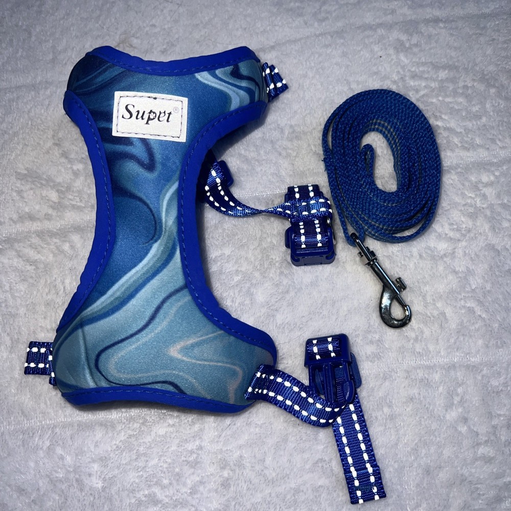 Small Nylon Dog Harness Adjustable blue ocean waves with blue leash size M