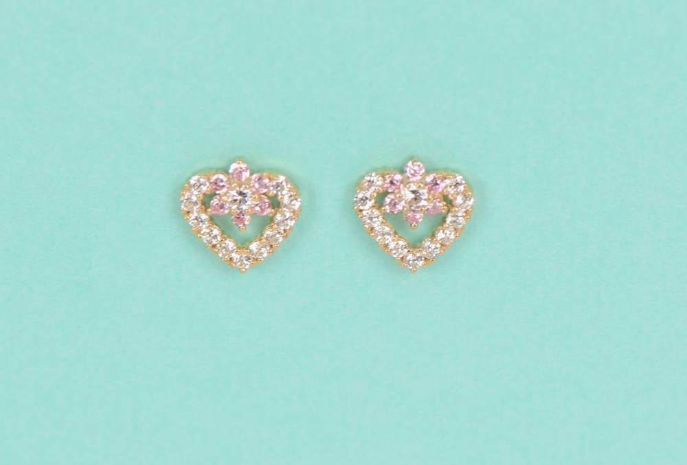 14K Yellow Gold Stud Heart Shape CZ Stud Earrings