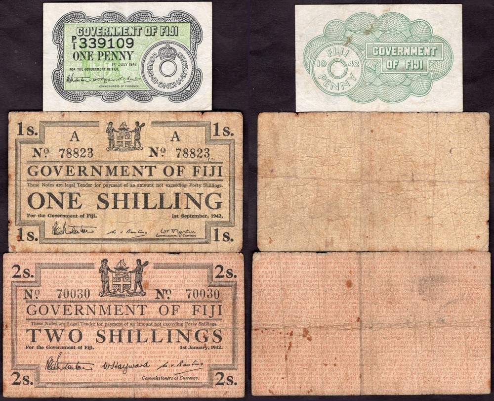 Fiji. Three banknotes, 1942. Details Below.
