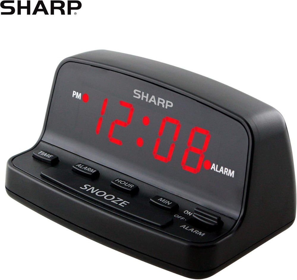 Sharp Digital Alarm Clock with Keyboard Style Controls, Battery Black