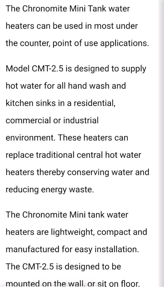 Chronomite CMT-2.5 CMT Series Mini Tank Water Heater 2.5 Gallon, NEW!