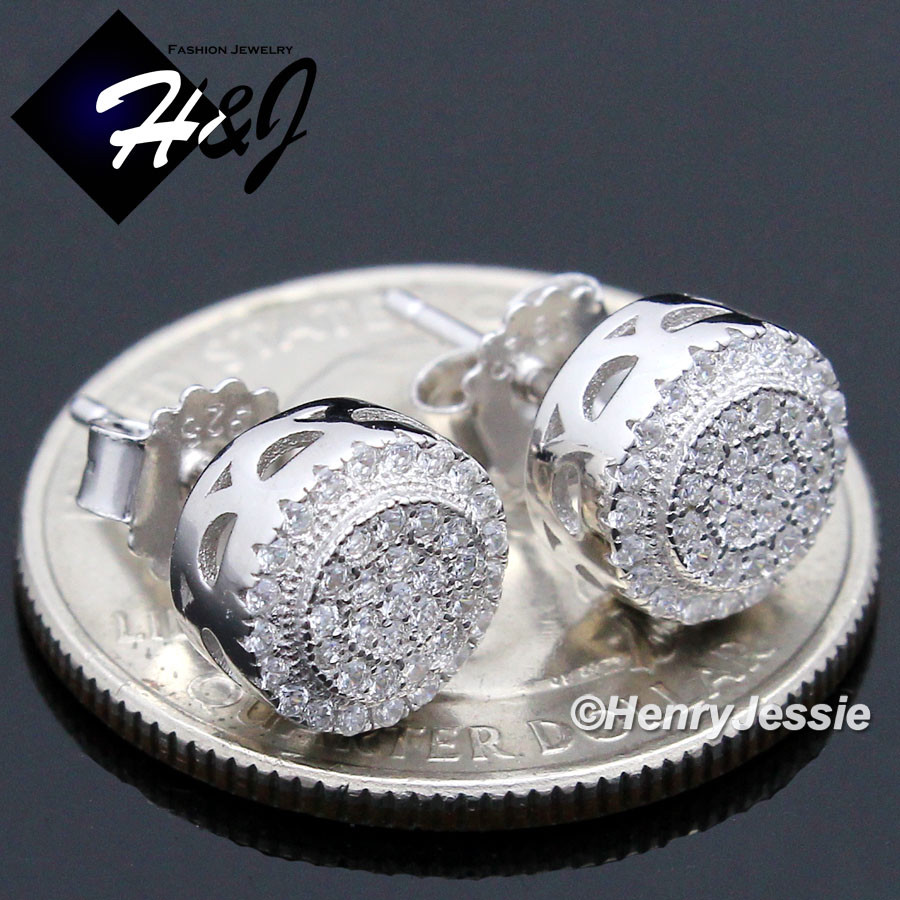 MEN SOLID 925 STERLING SILVER ICY BLING CZ 8MM ROUND 3D STUD EARRING*E150