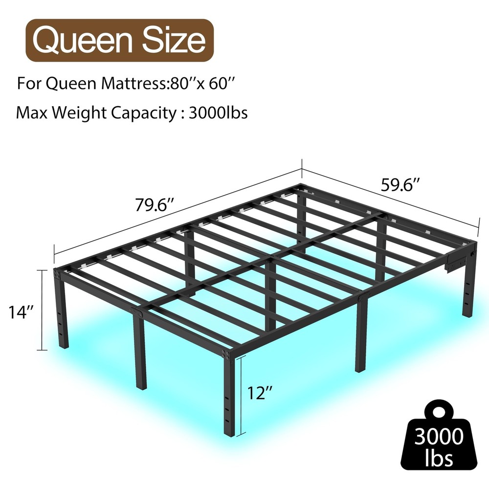 Queen Bed Frame Led Metal Platform Bed Frame Queen Size with Lights 14” He