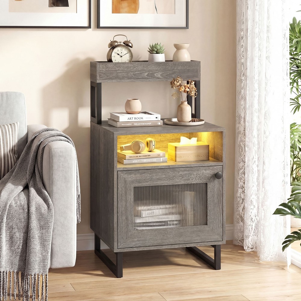 Nightstand with LED Lights, Modern End Table with Top Tray, Open Compartment