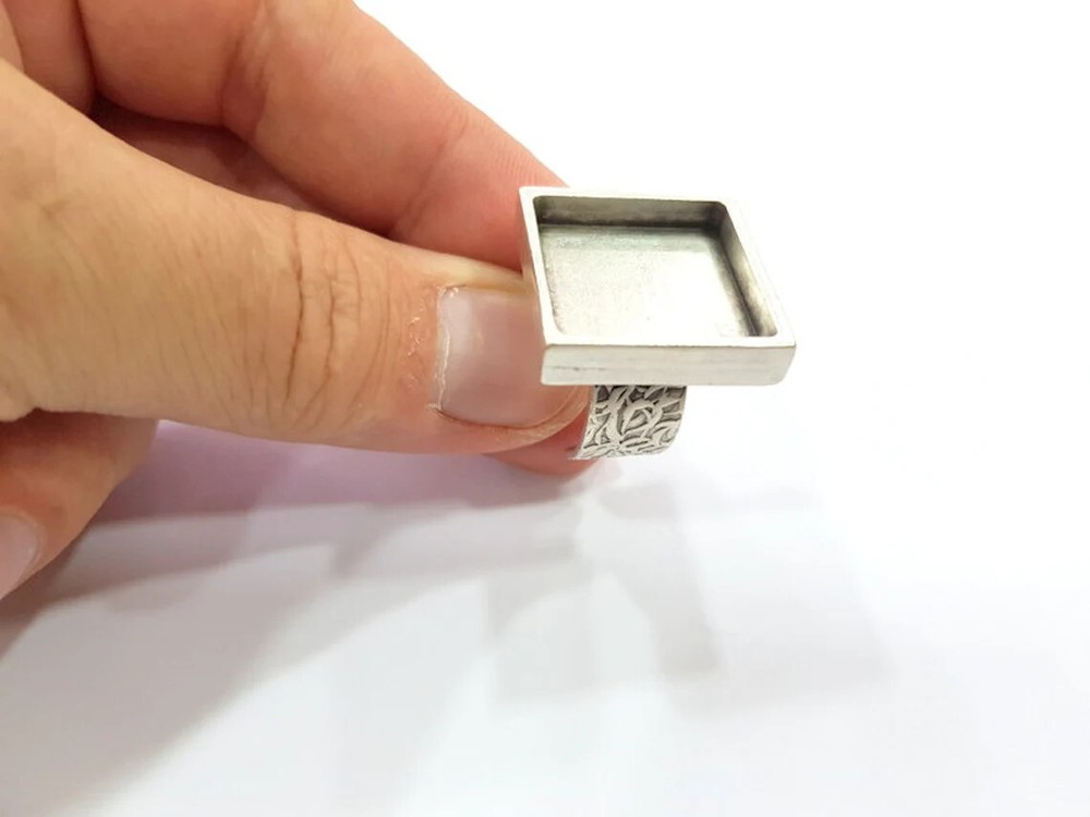 Square Blank Ring Setting Cabochon Base Bezel inlay Mounting Adjustable 20x20mm