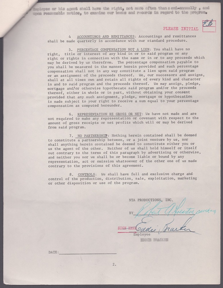 EDDIE BRACKEN - CONTRACT MULTI-SIGNED 05/02/1960