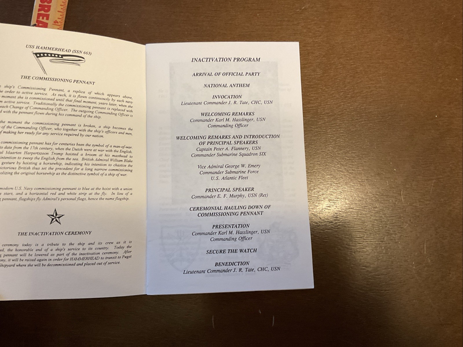 Inactivation Ceremony USS HAMMERHEAD SSN 663 Handout Pamphlet Vintage
