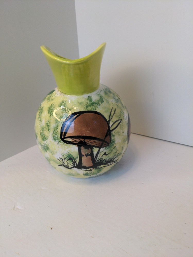 Retro Ceramic Colored Painted Mushroom Pitcher Pottery Signed MCM