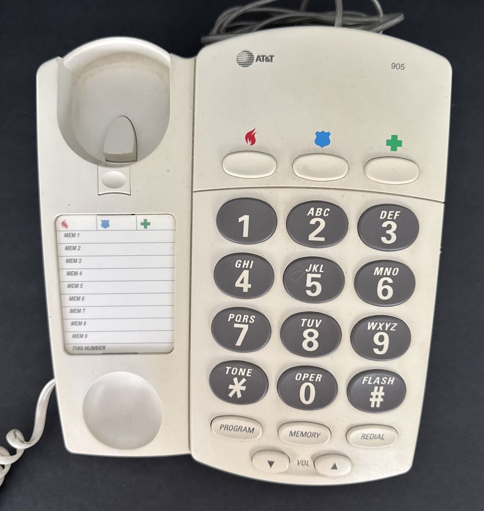 AT&T Large Push Button Phone Model 905 Memory Dial Extra Long Cord Vintage