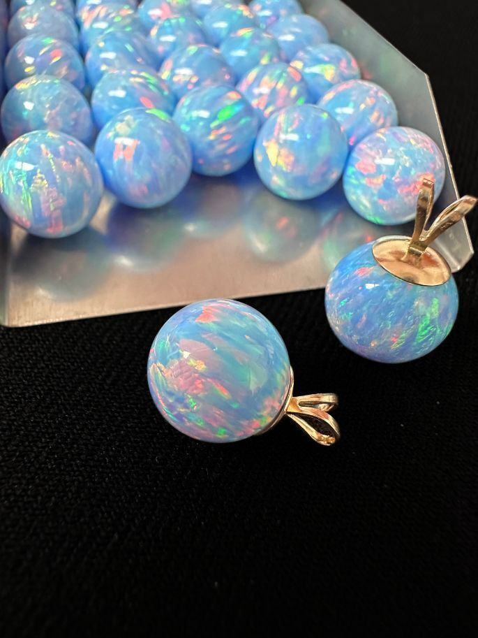 Half Drilled Light Blue Synthetic Lab Created Opal Round Beads