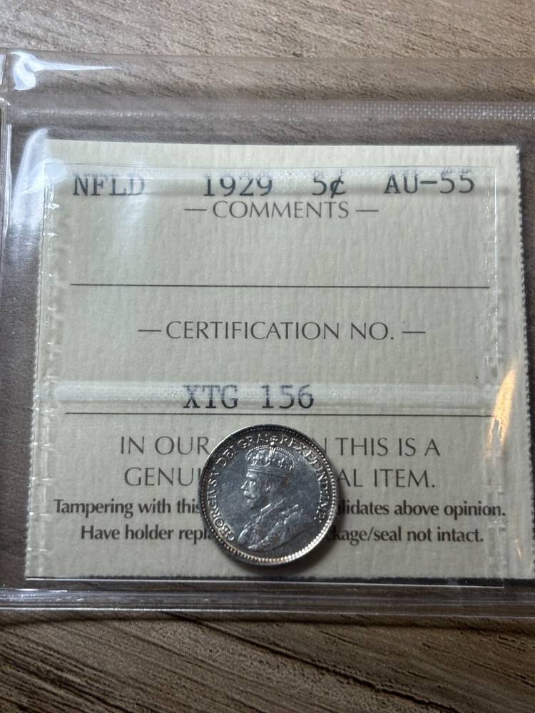 Newfoundland 5 Cent 1929 ICCS Graded AU55
