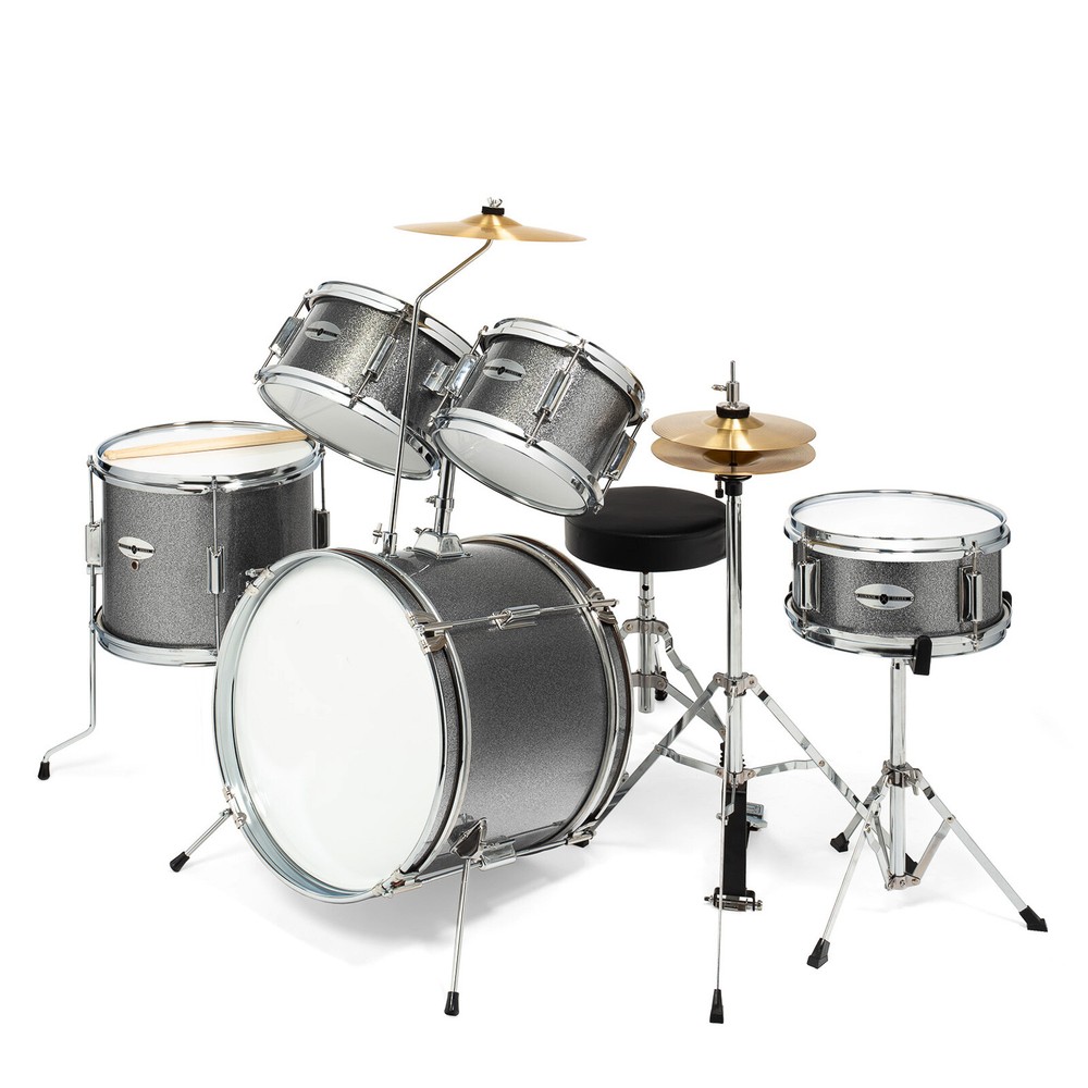 Junior Drum Set with Brass Cymbals - 5-Piece Starter Kit - Silver