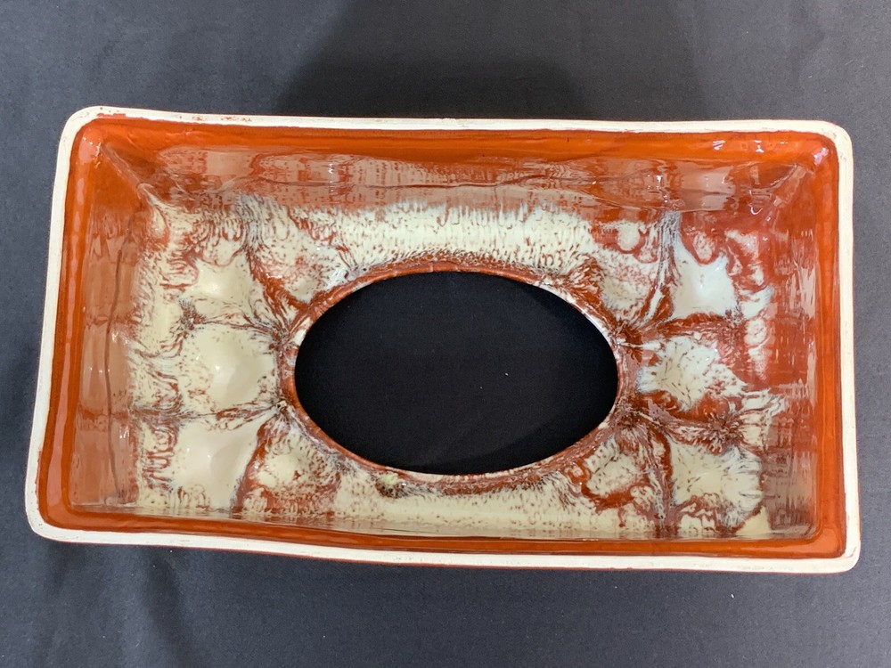 Vintage 60s 70s Retangular Ceramic Tissue Box Brown Drip Glaze Shells Beach