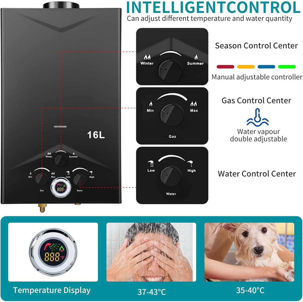 Tankless Water Heater 4.21GPM 16L Instant Propane Water Heater Outdoor Portable