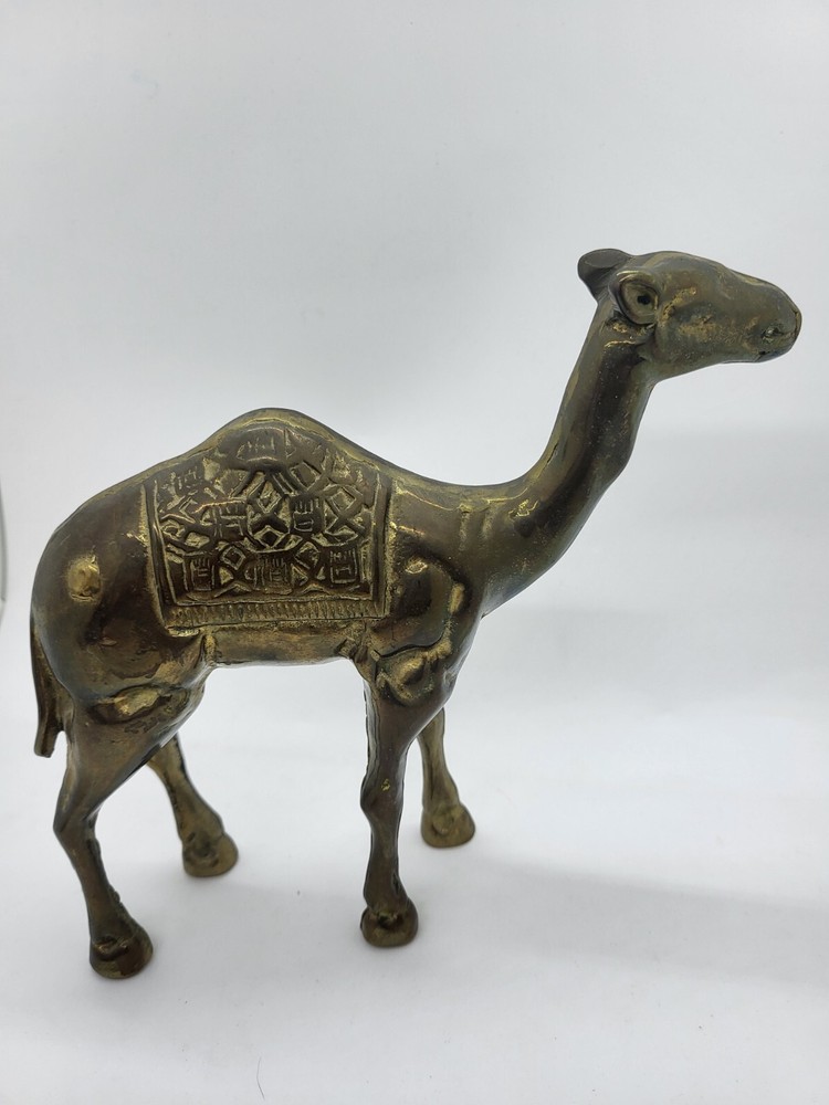 Vintage Solid Brass Camel Statue Figurine w/ Etched Embossed Blanket Design