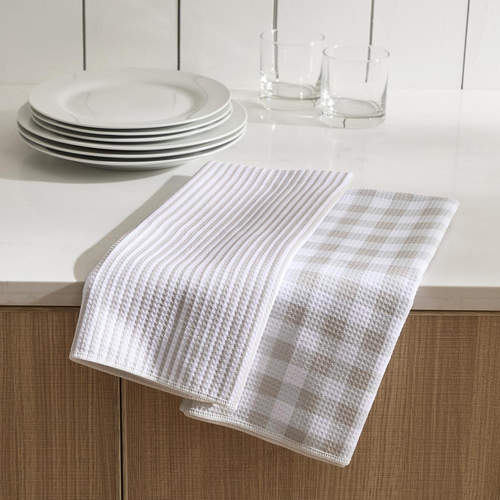 Gingham Stripe Waffle Kitchen Dish Towel Hanging Loop 18x30 Inch 2 PCS