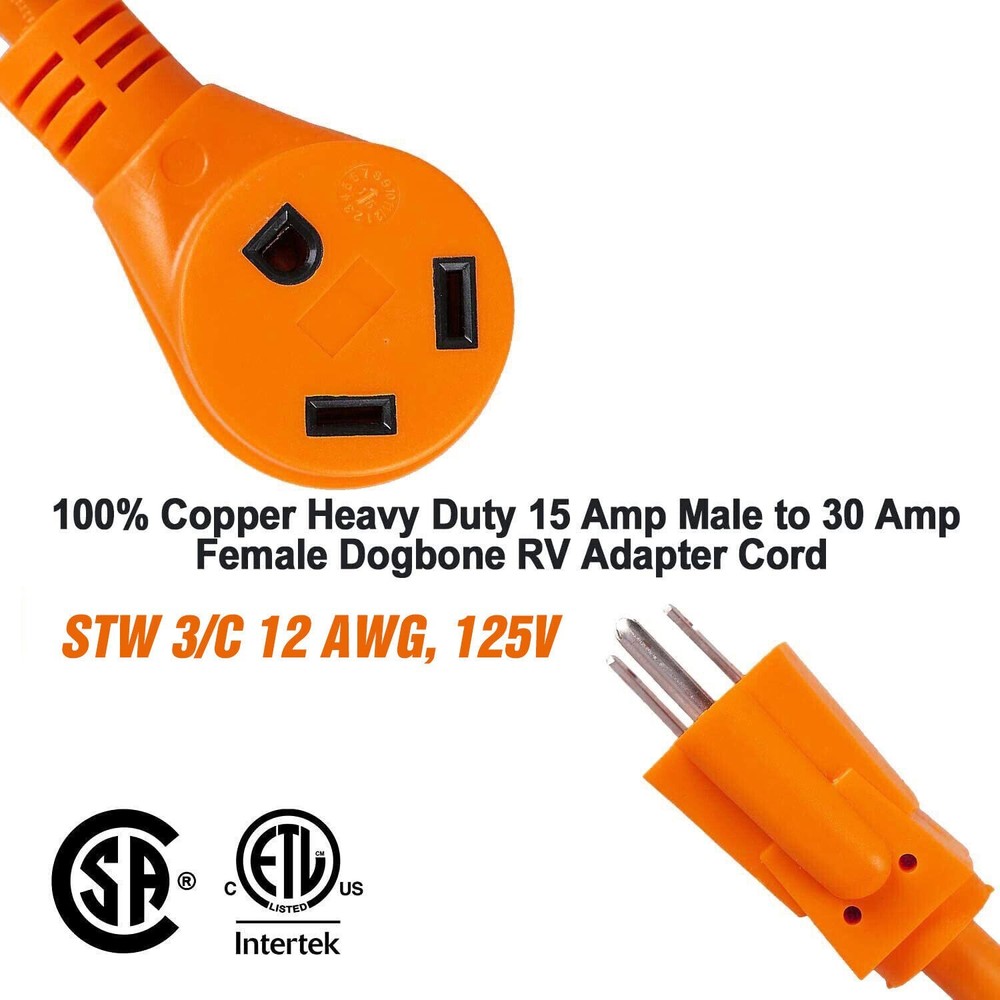 15 Amp Male to 30 Amp Female Dogbone Adapter RV Electrical Converter Cord Cable
