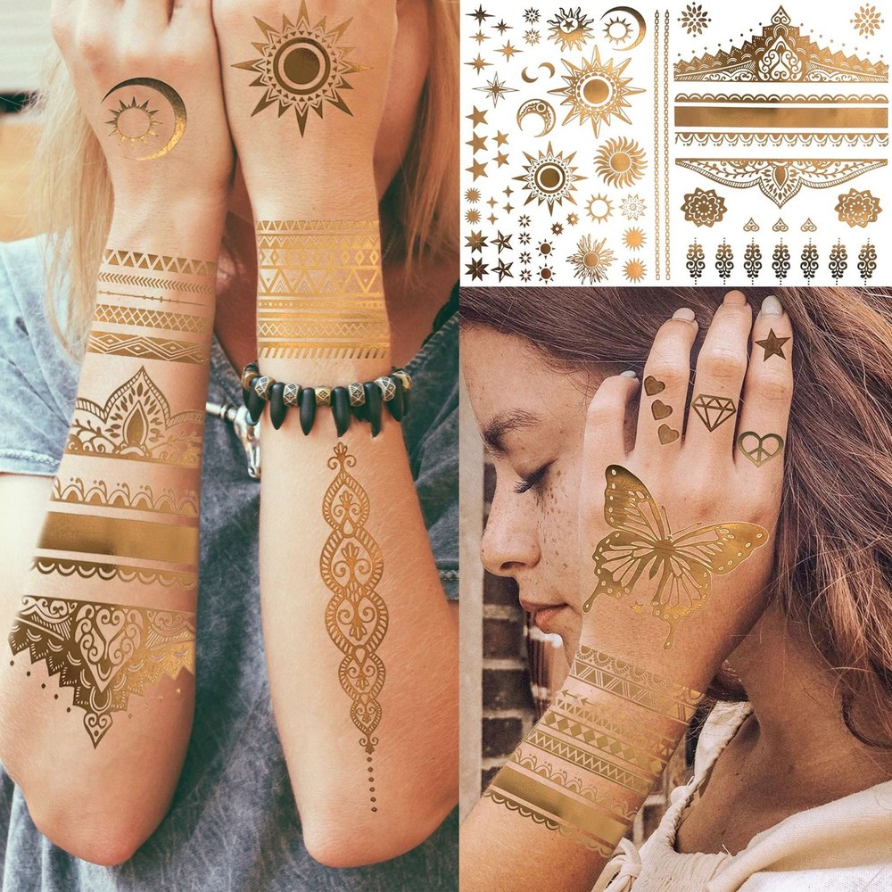 Bilizar 9 Sheets 110+ Designs Flash Gold Temporary Tattoos Large,