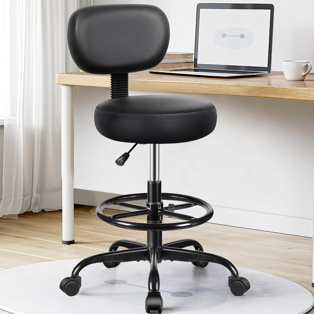 Drafting Chair with Backrest – Adjustable Foot Rest Rolling Stool with Wheels, P