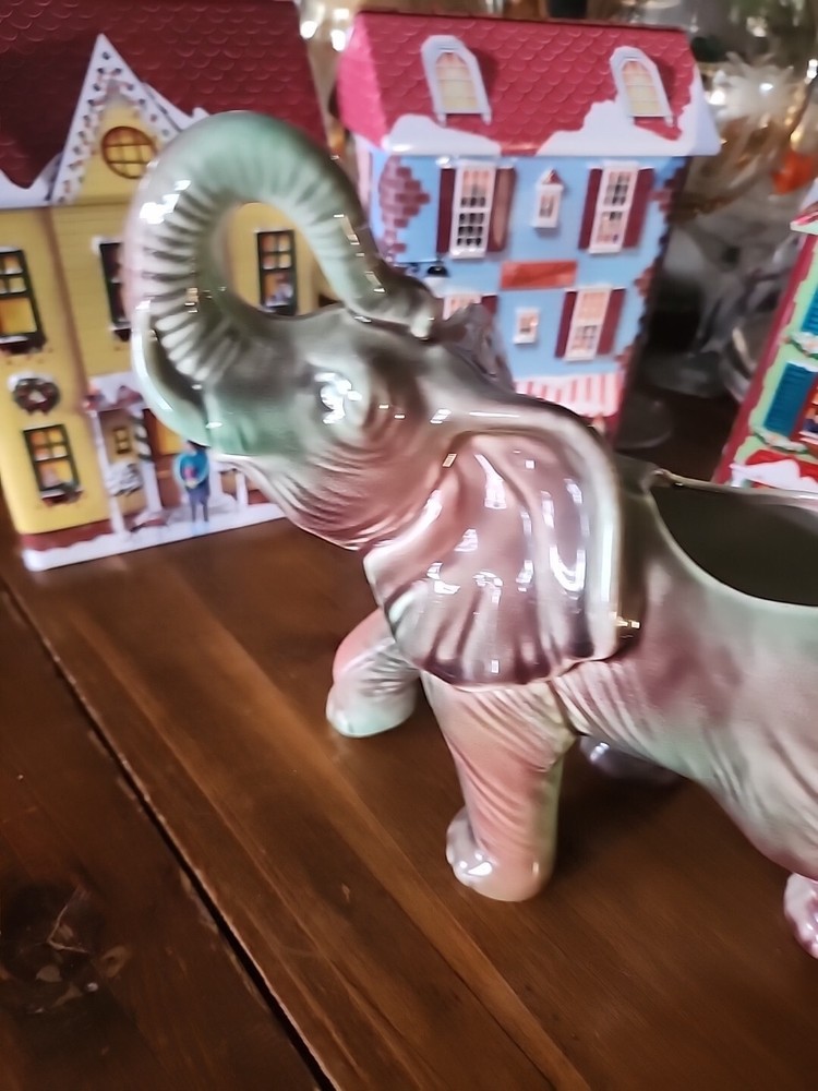 Vintage Elephant Planter Vase Trunk Up Ceramic Glazed