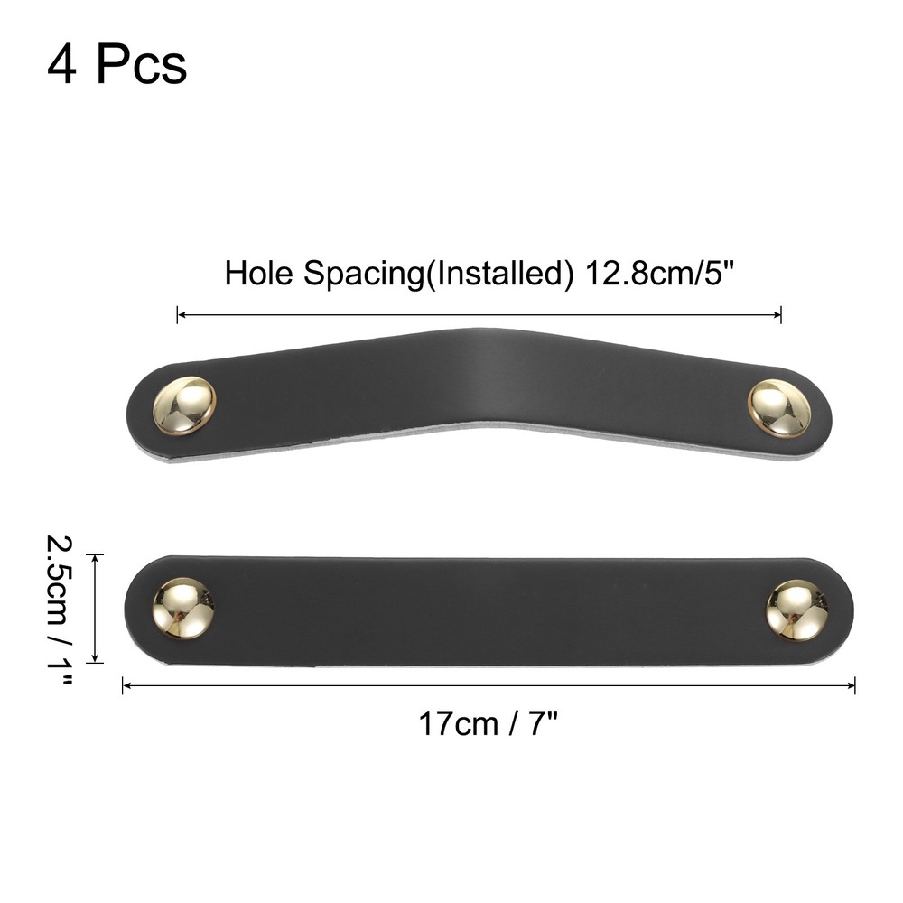 4 Packs Leather Drawer Pulls Double Hole Knobs, Black/Gold(Hole Spacing:128mm)