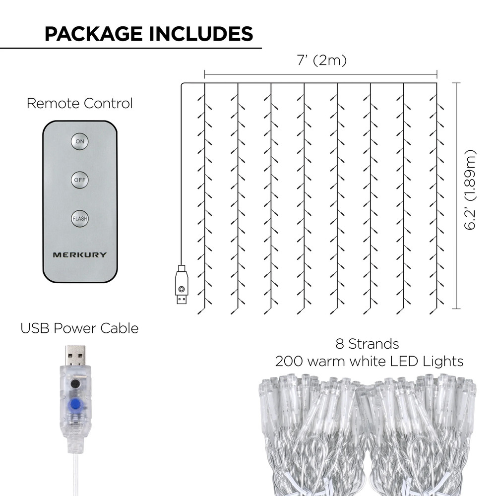 200-Count Warm White LED Curtain String Lights with Remote, Usb-Powered, Indoor
