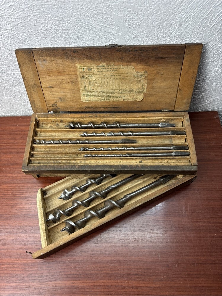 Antique Irwin Auger Drill Bit Wood Box w/ 8 auger bits
