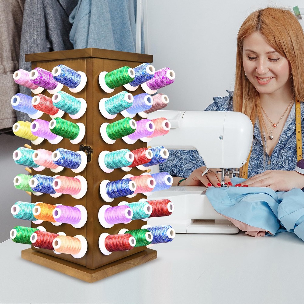 Acacia Wood 84 Spools Thread Rack/Thread Holder Organizer with Inner Storage ...