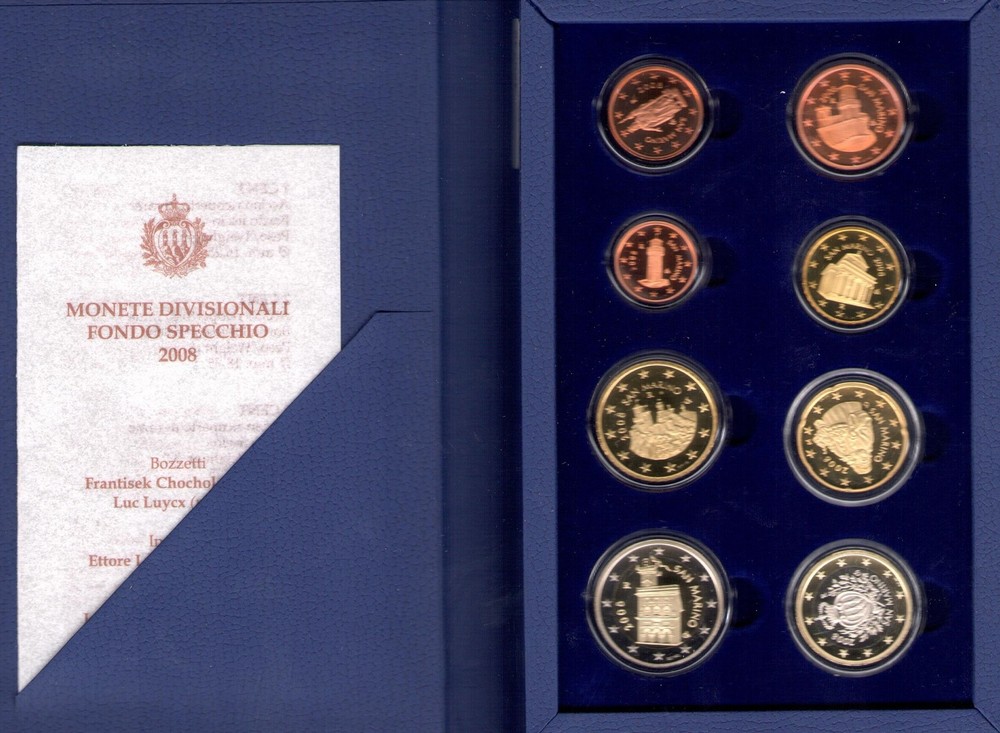 2008 San Marino, Divisional, 8 Values, Proof - Mirror Background