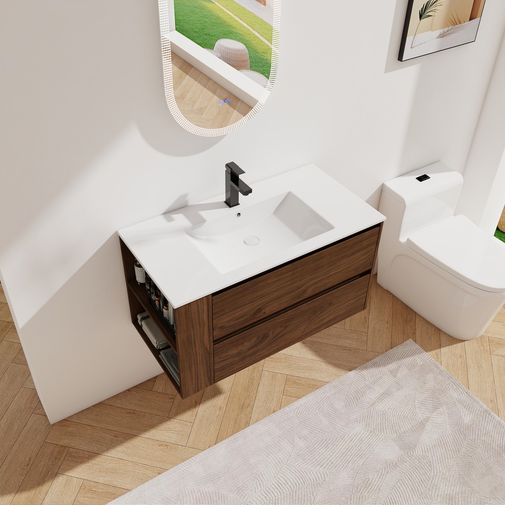 36In Wall Mounted Bathroom Vanity Cabinet W/ Undermount Ceramic Sink Side Shelf