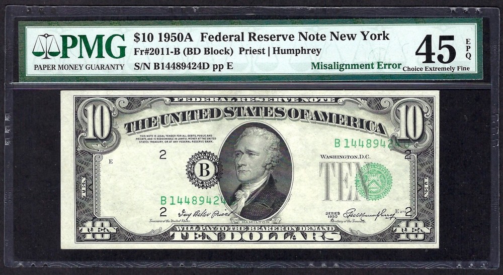 🇺🇸 1950A $10 ERROR ♚♚OVERPRINTS MISALIGNED♚♚  PMG CH EX FINE 45 EPQ