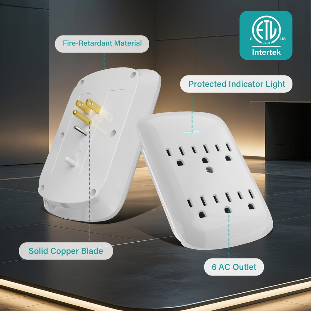 Surge Protector Wall Mount 6-Outlet Extender 2 Pack, 3 Prong Grounded Multi Plug