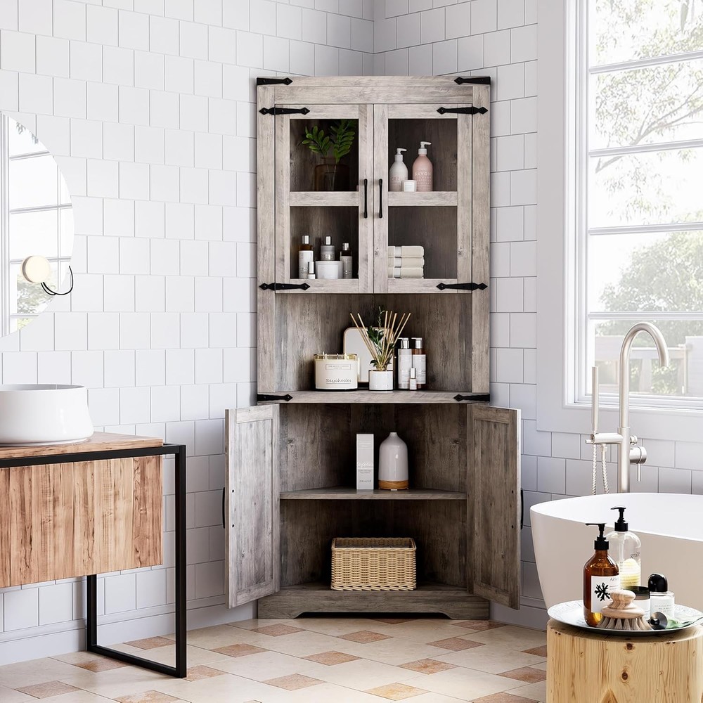 ⭐Corner Storage Cabinet, Bathroom Floor Storage Cabinet with Doors,Kitchen,Grey