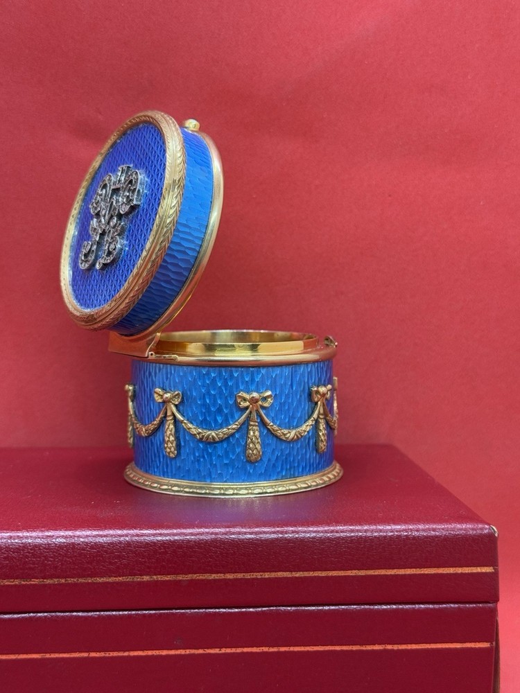 Antique Gilt Enamel Guilloche Solid Silver Diamond Snuff Pill Box Mint Condition