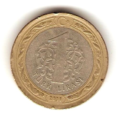 2011 TURKEY Coin 1 LIRASI , Bi-Metallic .