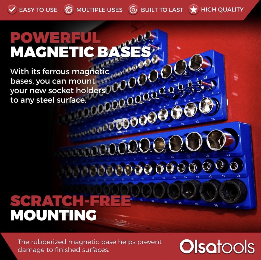 Olsa Tools 3-Row Magnetic Socket Organizer Patented 3pc Holder Kit Blue