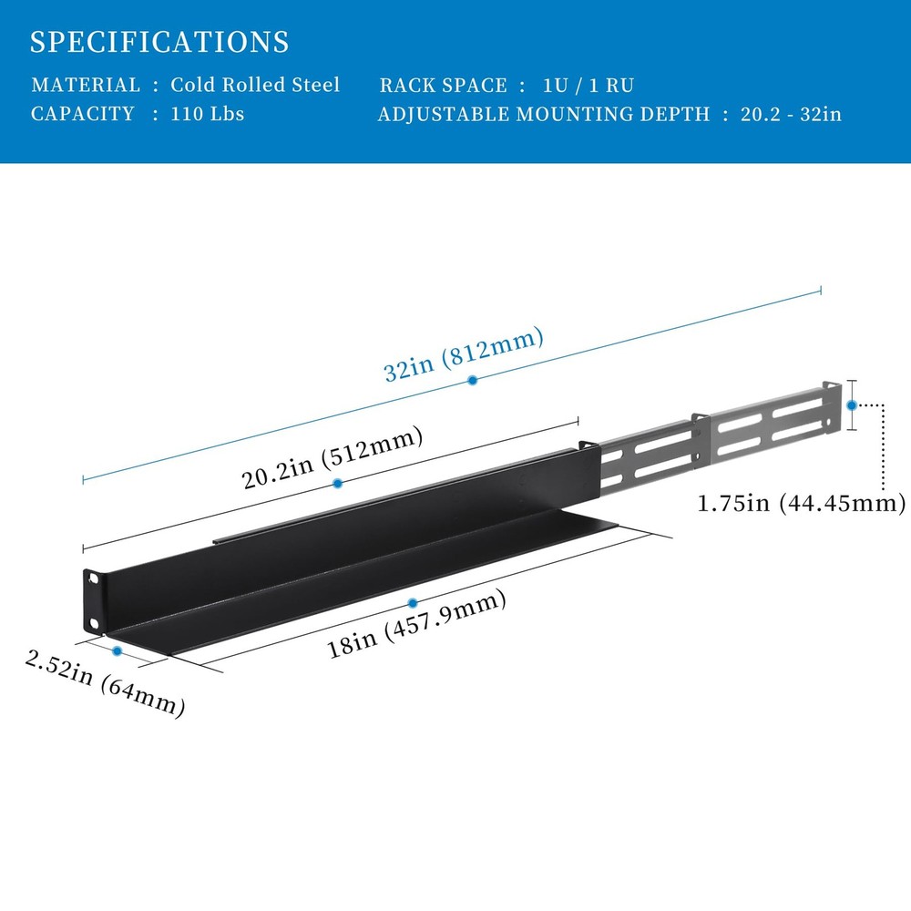 1U 4-Post Server Rack Rail, 20.2-32 Inch Adjustable Depth - 110lbs Capacity