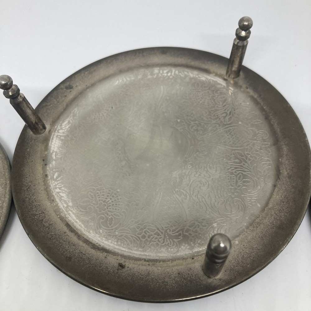 4 Embossed SilverPlate Antique Drink Coasters With Holder Unmarked.