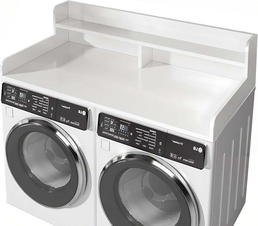 2-Tier Laundry Table with Edge Rails, 54" W x 27.5" D, White Folding Shelf