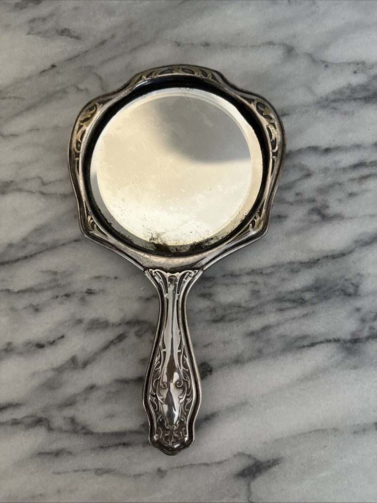 Vintage Handheld Beveled Glass Mirror Marked German Silver Victorian Scroll