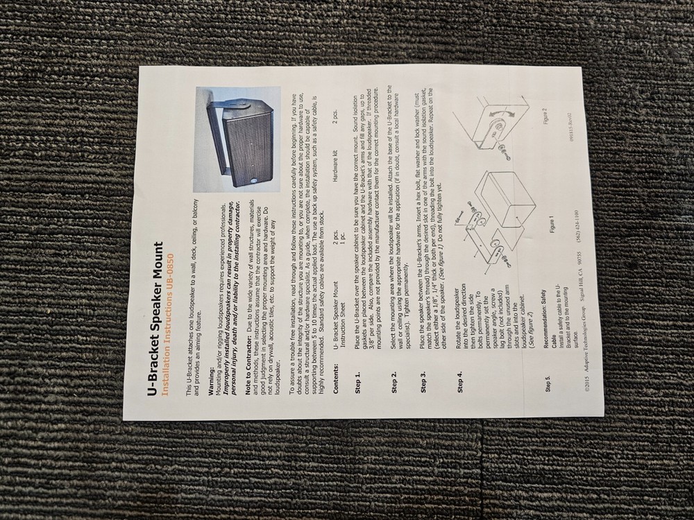 Box of 2-Adaptive Technologies U-Bracket Speaker Mount Fixed Width Black UB-0850