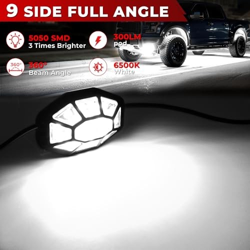 12 Pods 324 LED 9 Sides Pure White Rock Lights Kit with Switch Wiring Harness,