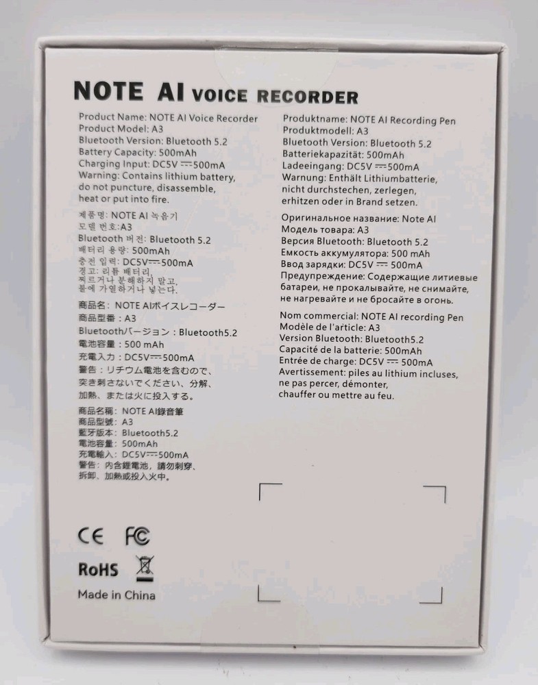 Note Ai Voice Recorder 256 Languages Converted To Text A3V/16G Bluetooth 5.2