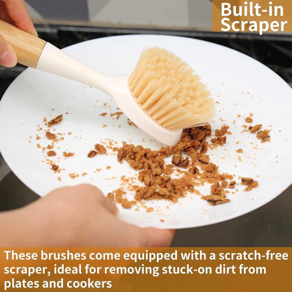 2 Pack Kitchen Dish Brush Bamboo Handle Dish Scrubber Built-in Scraper, Scrub Br
