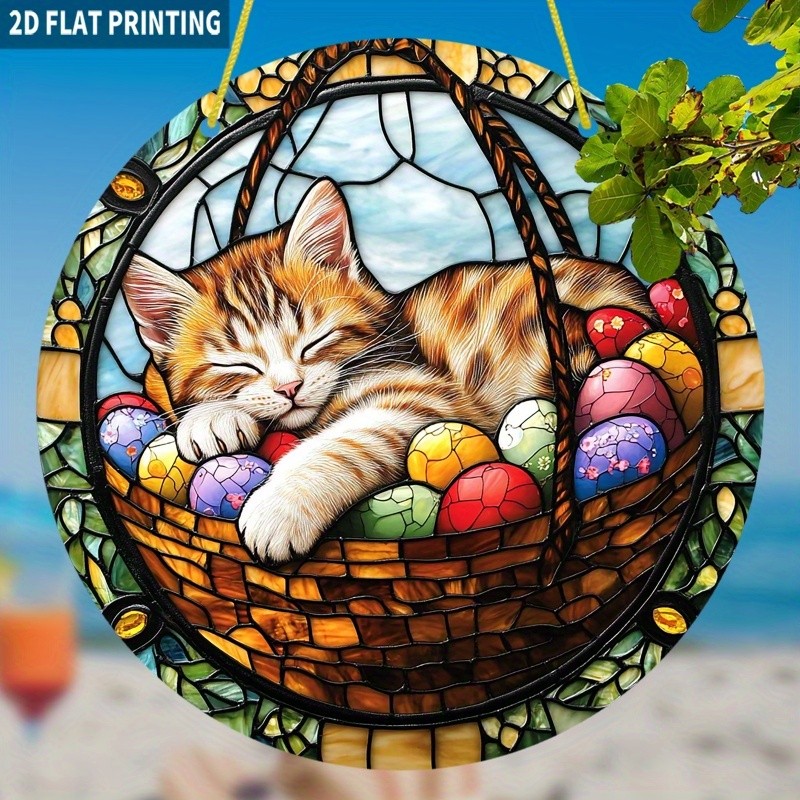 Round Sleeping Cat Acrylic Suncatcher Easter Egg Basket Vibrant Window Decor