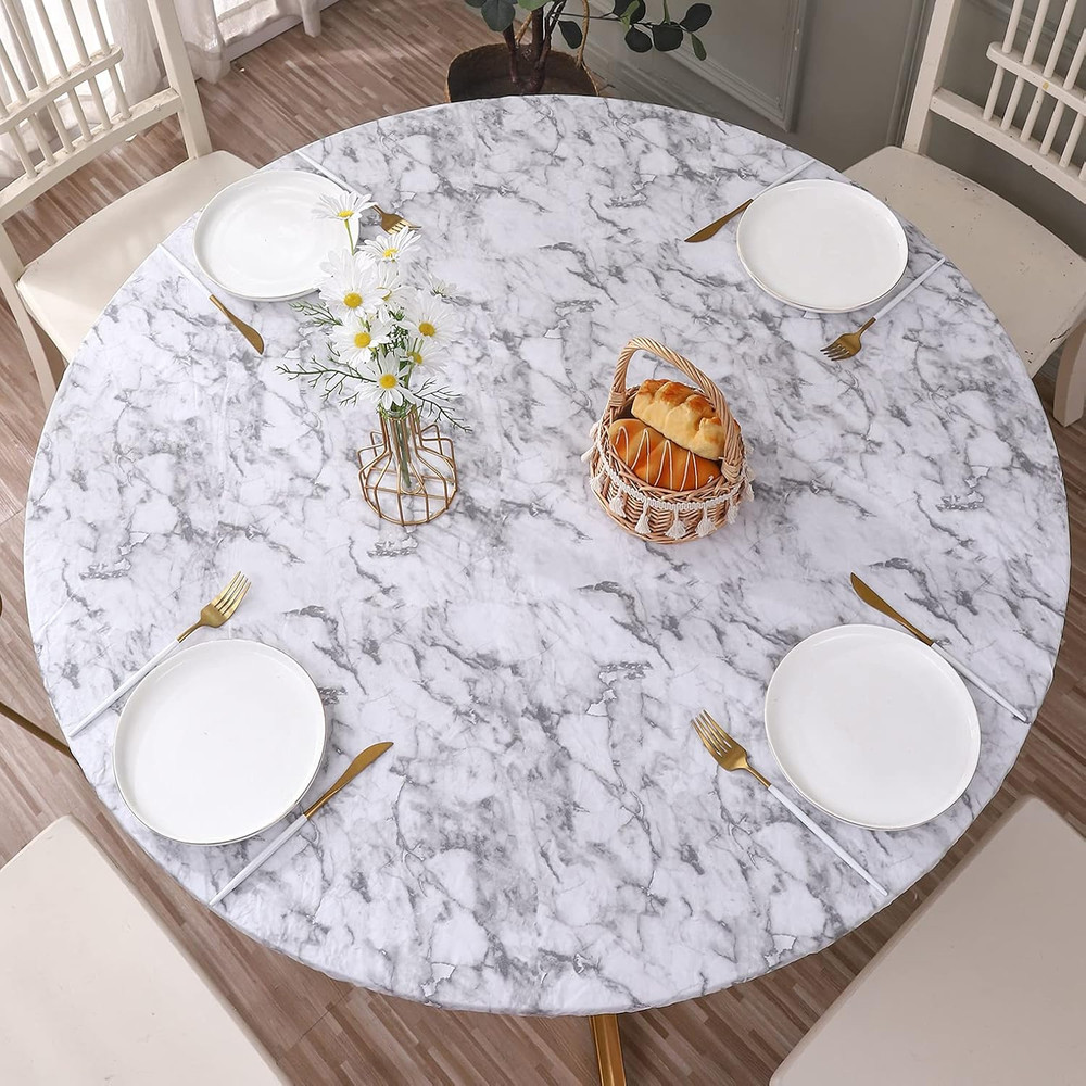 round Vinyl Fitted Tablecloth with Flannel Backing Elastic Edge Design Table Cov