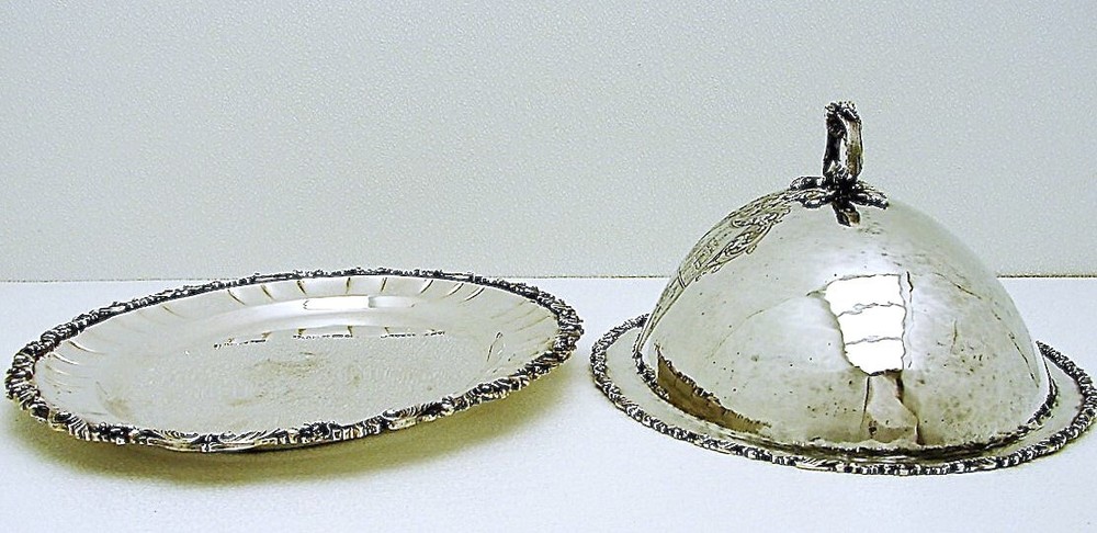 Hanau German Solid Silver Hand-hammered Serving Tray & Dome Lid marked Armorial