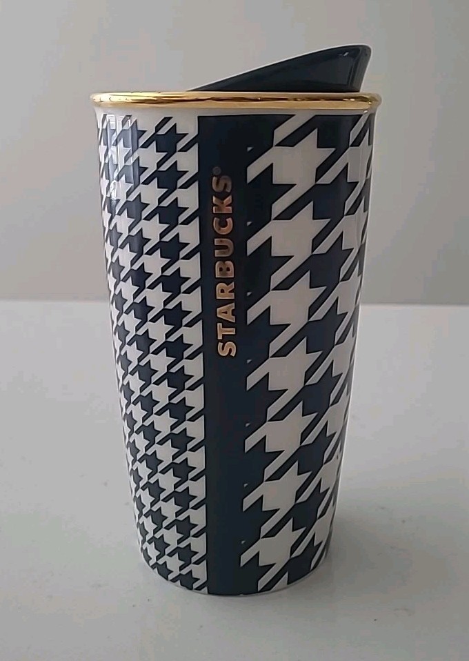 2015 STARBUCKS Navy Blue & White Houndstooth Dot Collection Ceramic (B2-A17)